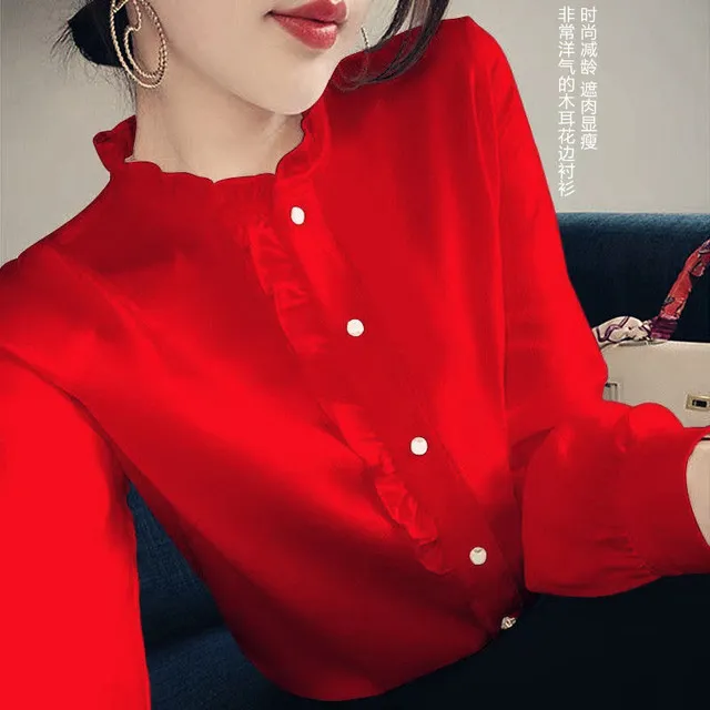 衬衫女红色洋气小衫设计感小众上衣秋衬衣大码时尚减龄漂亮雪纺衫