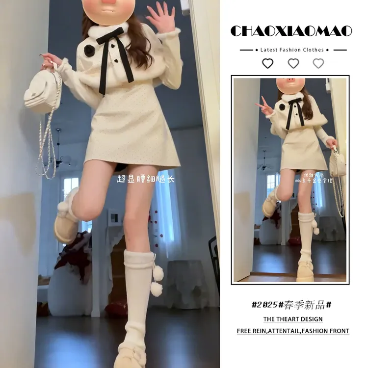 2025年春季新款韩穿搭套装女气质显瘦收腰波点斗篷假两件连衣裙