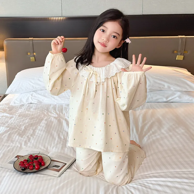 纯棉女童睡衣春秋季中大童长袖公主洋气蕾丝套装家居服2306