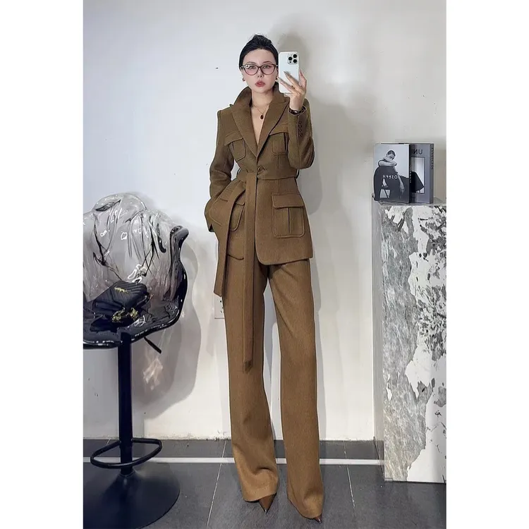 【尚泽专属】欧洲站羊毛混纺系带法式西装直筒裤套装老钱风两件套冬