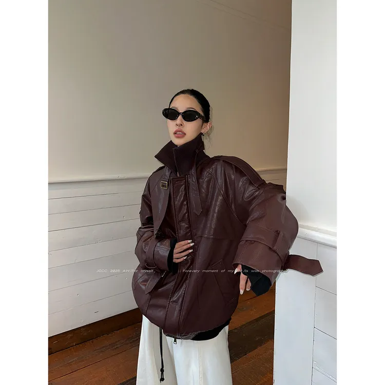 JCCC影子【安可绒革】新国标90白鸭绒酒红色PU皮风衣外套JE5HPJ10