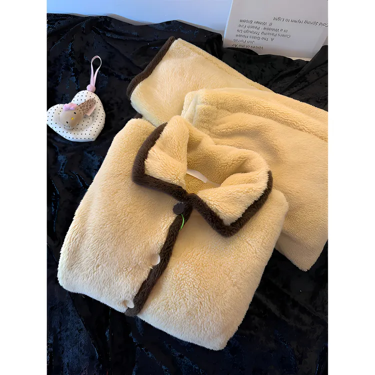 高级感韩系撞色毛绒保暖法兰绒睡衣女2025新款加厚家居服套装冬季