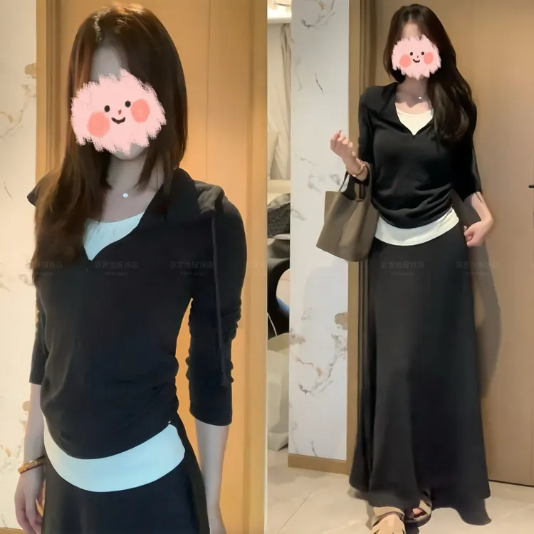 早秋新款绒感高弹假两件显瘦修身撞色连帽上衣百搭直筒裤半裙套装
