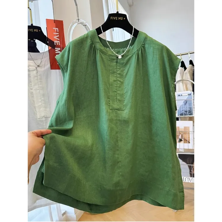 大码女装高级感亚麻圆领无袖衬衫夏薄款宽松休闲巨好看的气质小衫