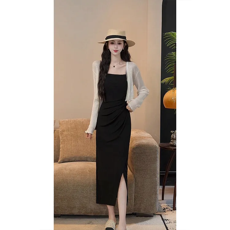 法式开衫上衣+黑色吊带连衣裙两件套