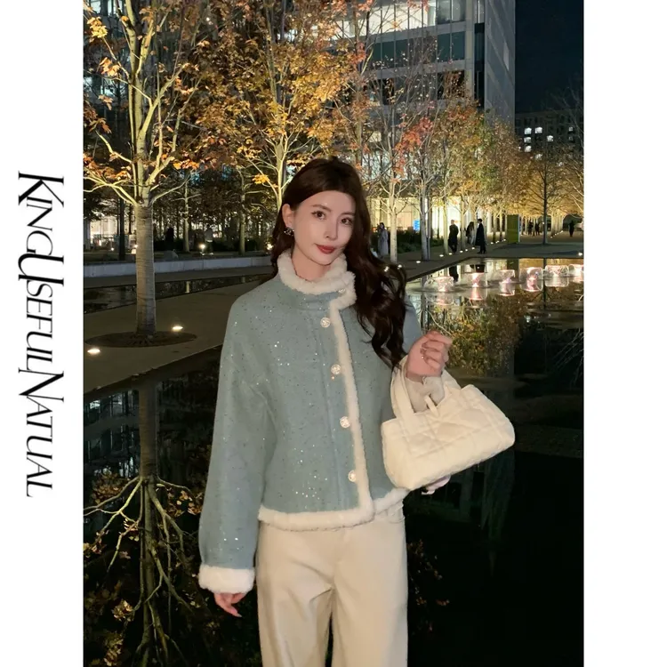 KUN【海岸线】清爽入冬 牛仔亮片肌理冬季松弛显瘦蓝色加厚棉服外套