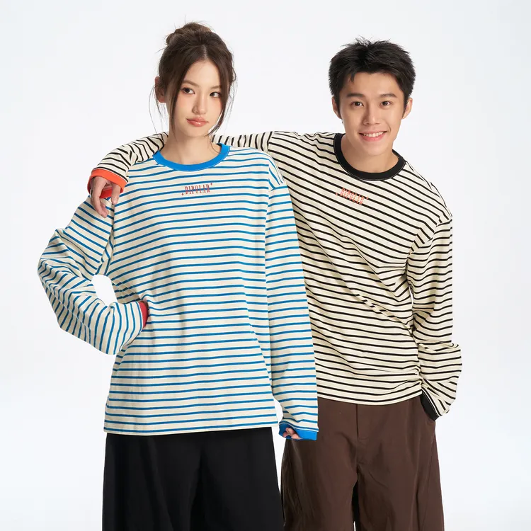 BIPOLAR【达】条纹袖口撞色拼接宽松圆领时尚休闲长袖T恤 11M042