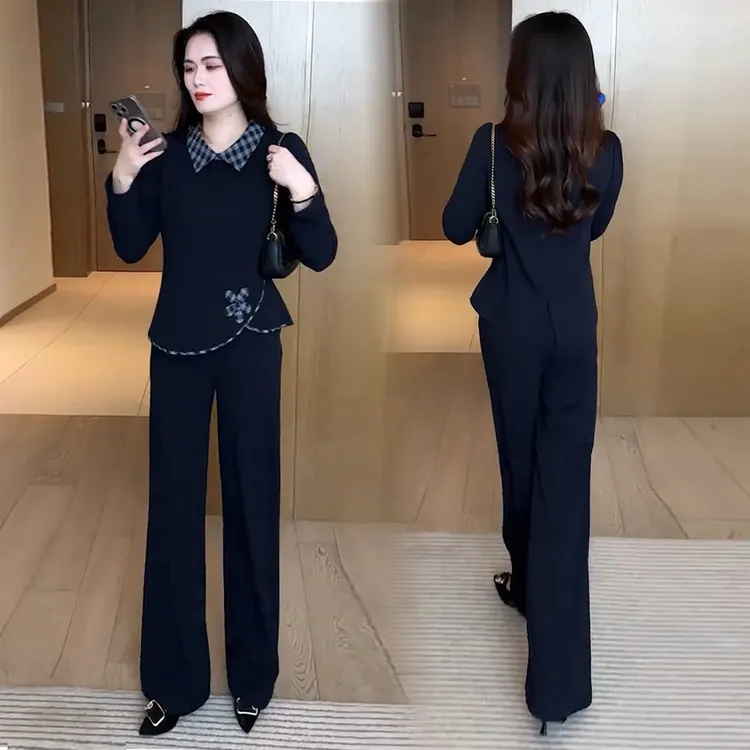 时尚套装女2025秋季新款洋气格子拼接不规则长袖上衣阔腿裤两件套