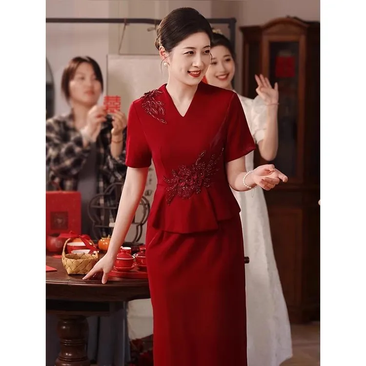 2025新款高端新中式旗袍妈妈婚宴装喜婆婆结婚礼服高级感红色喜服