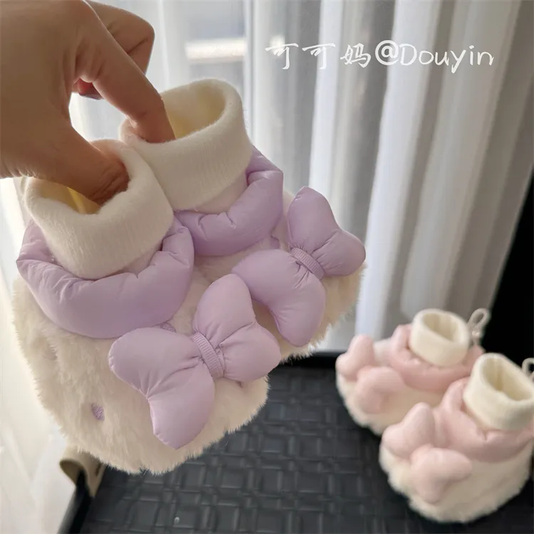 0-1岁女宝宝新生婴儿加厚可爱蝴蝶结鞋袜一体不掉加绒护脚棉鞋