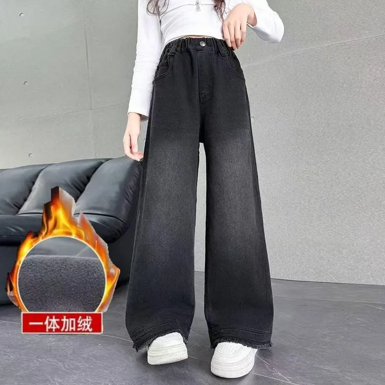 女童裤子加绒加厚中大童牛仔裤冬季2025新款直筒宽松洋气阔腿长裤