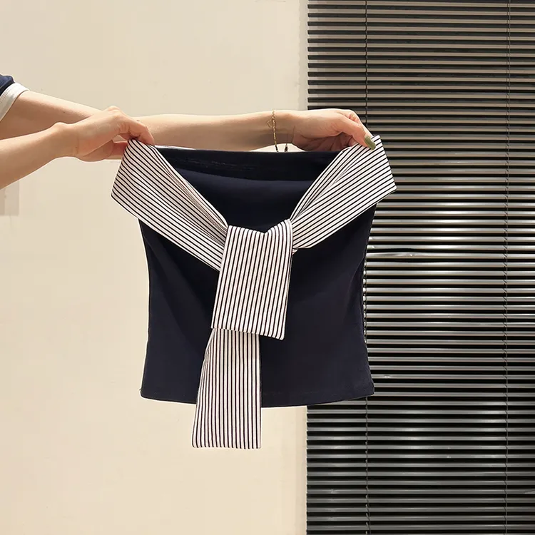性感藏青色条纹绑带吊带背心女夏季新款设计感小众别致无袖小上衣