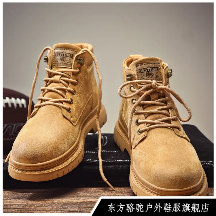 东方骆驼真皮马丁靴男复古英伦高帮户外工装鞋子中帮登山男鞋