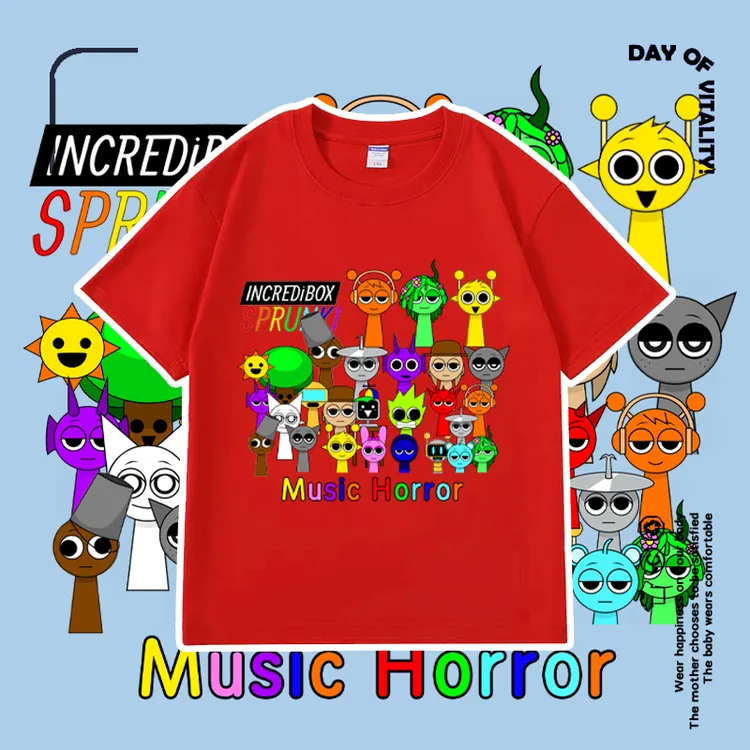 新款Sprunki音乐节奏盒子儿童T恤潮流男女童纯棉舒适透气短袖夏季