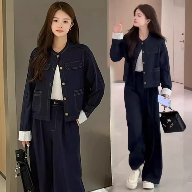 时尚牛仔套装女2025秋季新款洋气条纹拼接短外套显瘦阔腿裤两件套