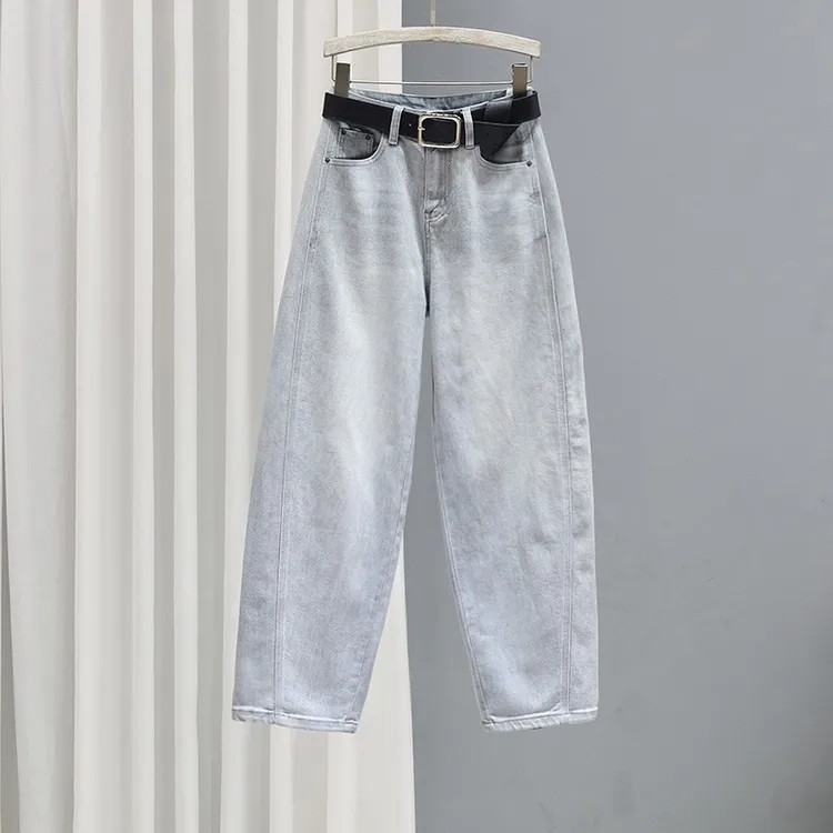 2025春夏宽松显瘦牛仔裤女高腰百搭浅蓝色长裤欧货弹力老爹裤潮流