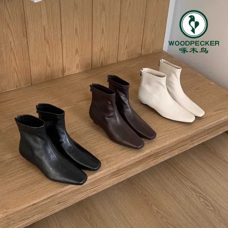 啄木鸟法式气质小方头瘦瘦靴女2025秋冬新款后拉链百搭短靴西部靴