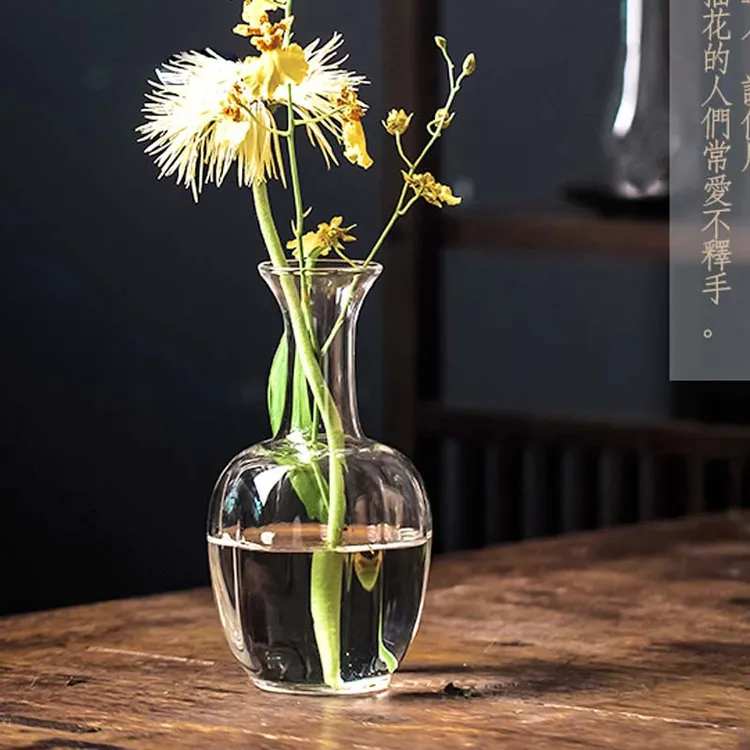 禅意仿宋瓜棱花器日式玻璃花瓶加厚玻璃瓶摆件茶道配件