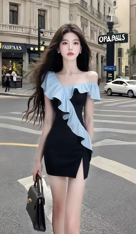 新款时尚温柔知性风不规则领型修身收腰包臀开叉连衣裙女小众设计