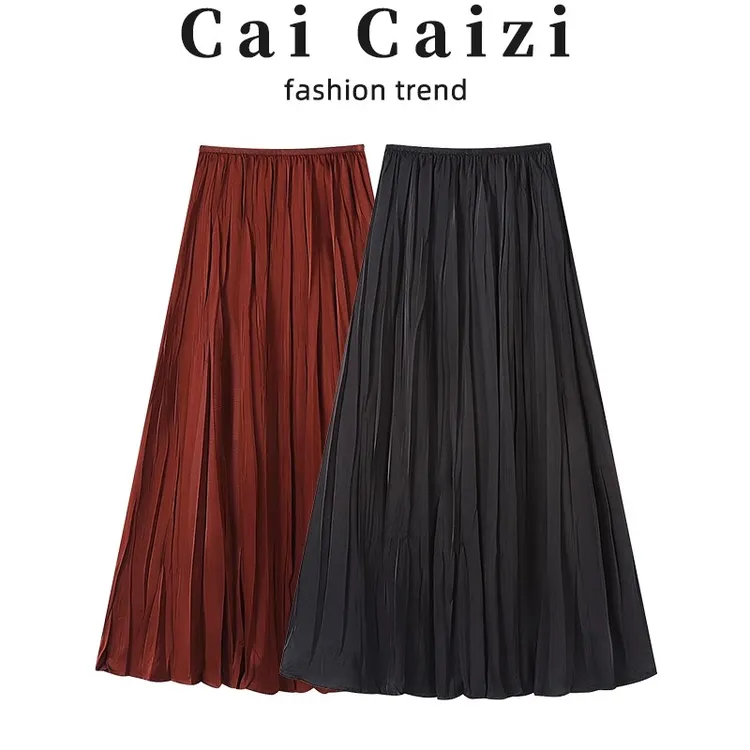 红色褶皱半身裙女夏季2025年新款高腰显瘦中长款大摆伞裙a字裙子