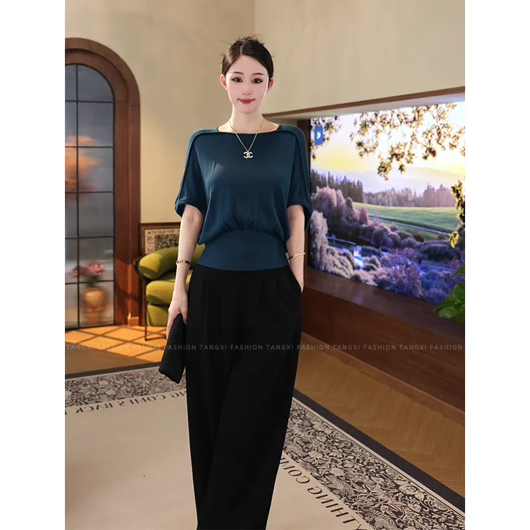 2025夏新【7267】洋气女装莱赛尔天丝蓝色设计师圆领针织小衫