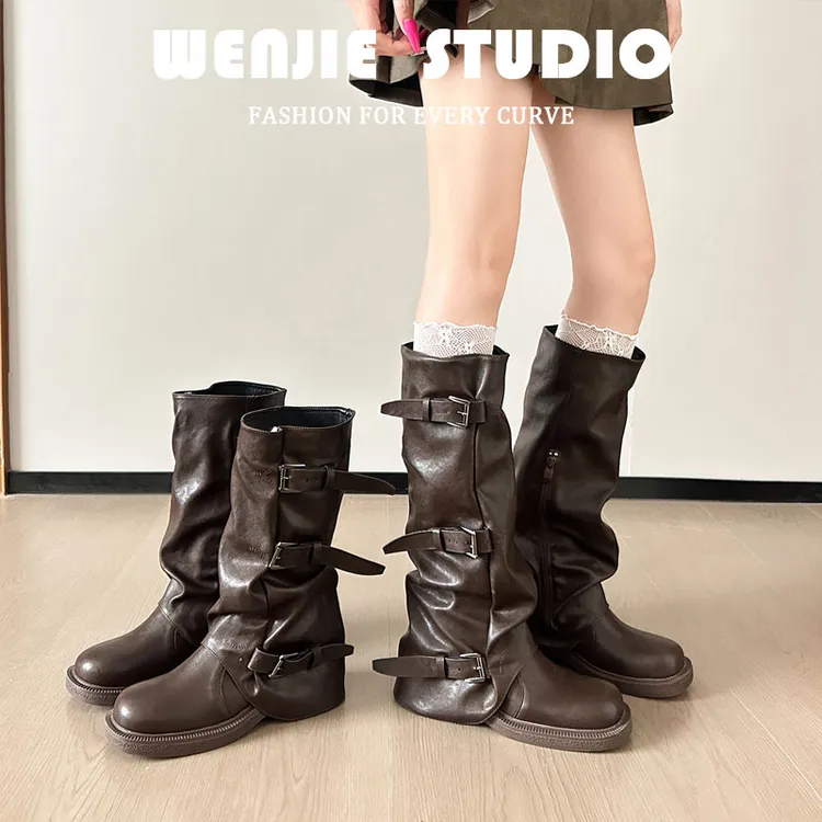 5cm复古褶皱堆堆长靴2025新款琥珀色厚底增高皮带长靴软皮骑士靴