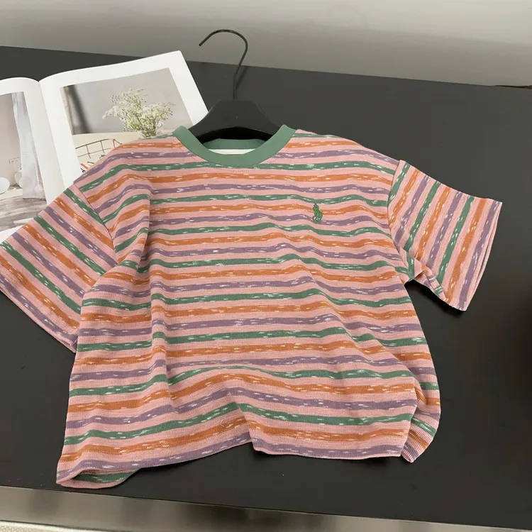 【两个小盆友】2025儿童夏季韩版宽松短袖休闲上衣彩色条纹T恤0661