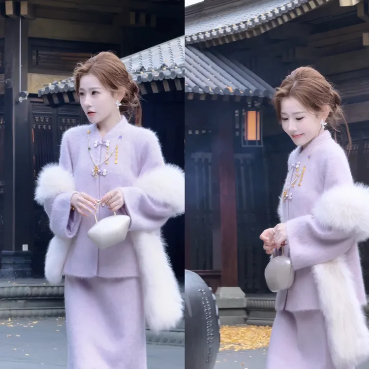 【婷婷】紫烟•新中式毛呢外套复古海军领呢大衣女装25DK8038