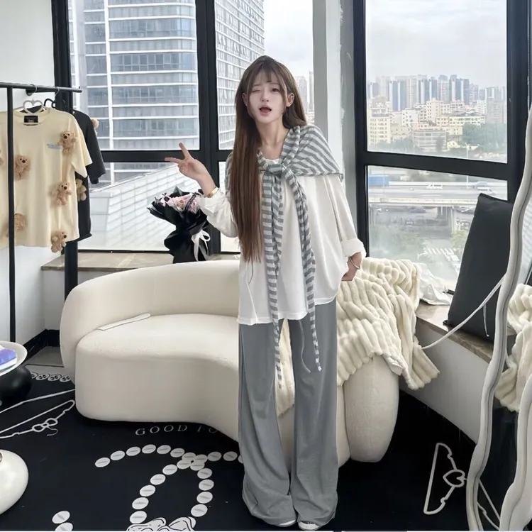 巨好看的夏装一整套休闲套装女条纹披肩外搭防晒罩衫微喇裤三件套