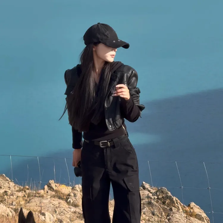 专属)黑色短款皮衣外套女2025秋新款小个子修身短款机车夹克上衣