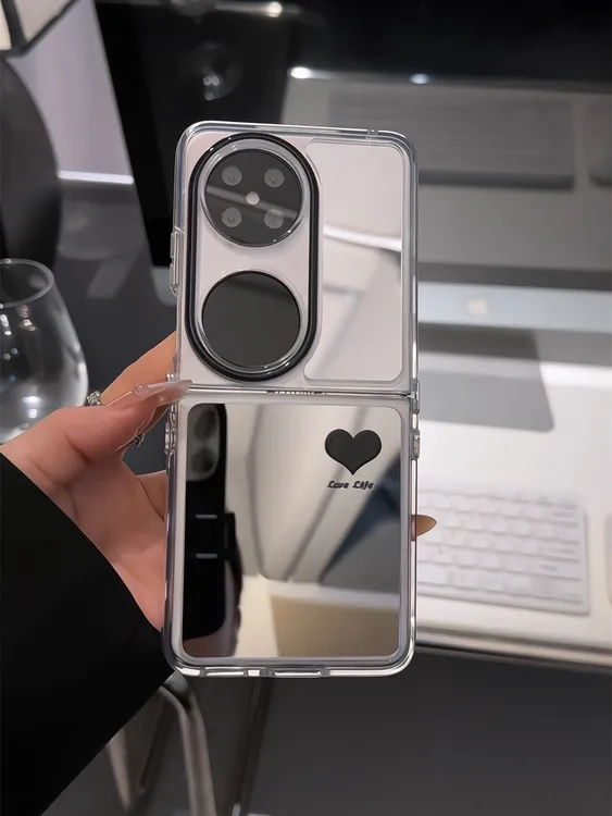 （华为pocket系）折叠镜面适用华为pocket手机壳p50pocket2酒红爱心