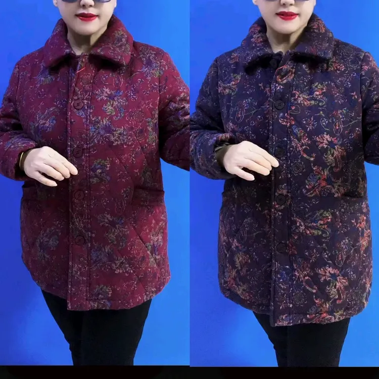 时尚方领中老年妈妈冬季加厚碎花棉袄舒适保暖休闲外套