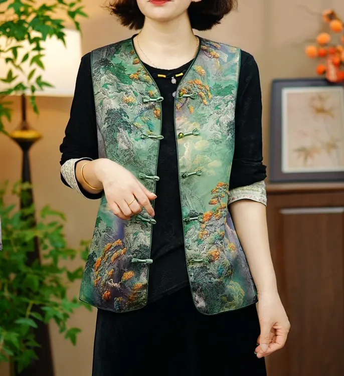 中国风马夹单排扣薄款唐装夏季复古法式水墨民族风0010