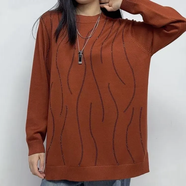 98081丝光棉条纹烫钻针织套头衫