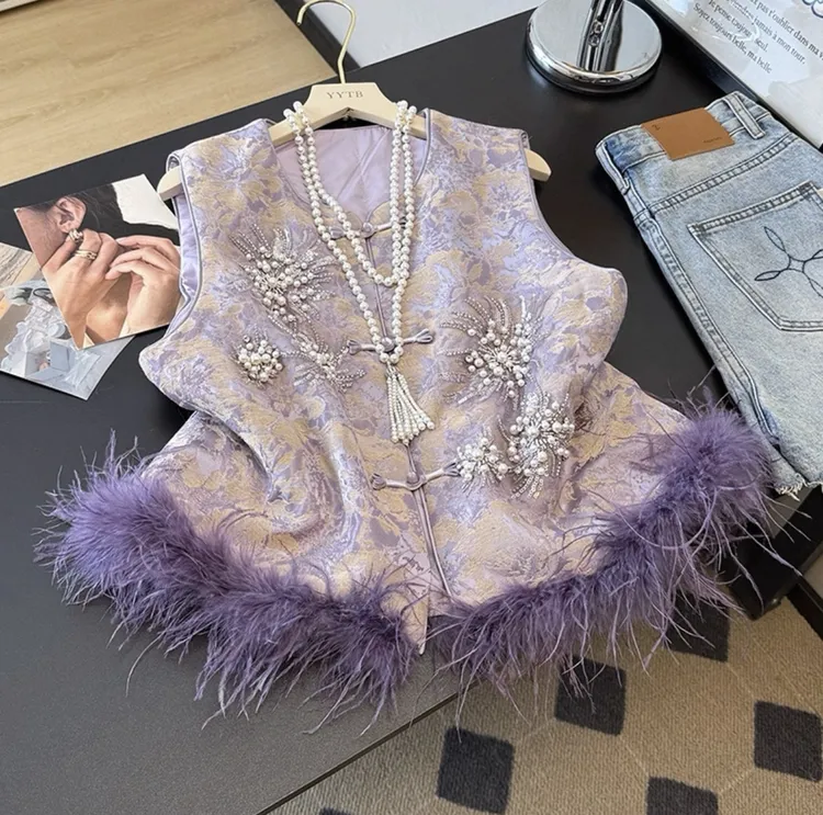 【加棉加厚+毛毛可拆卸】新中式重工提花钉珠拼接鸵鸟毛马甲