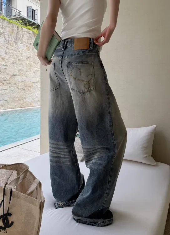 yao'yao推荐2025春季新品美式复古设计感洗水高腰阔腿裤