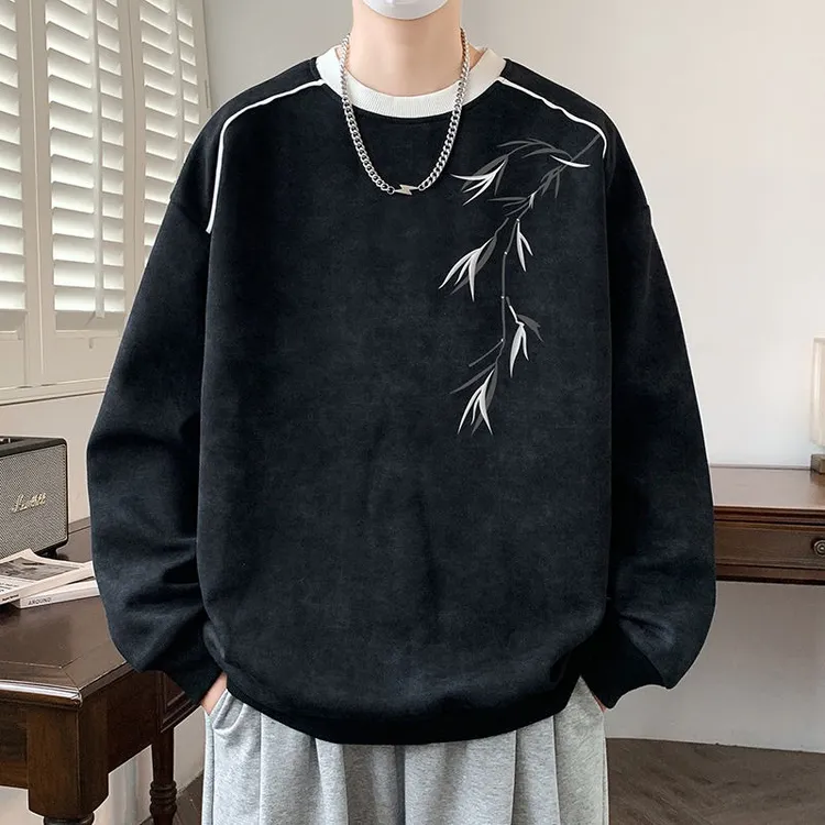 美式重磅潮流圆领卫衣男春秋季休闲加肥加大码宽松百搭长袖上衣服