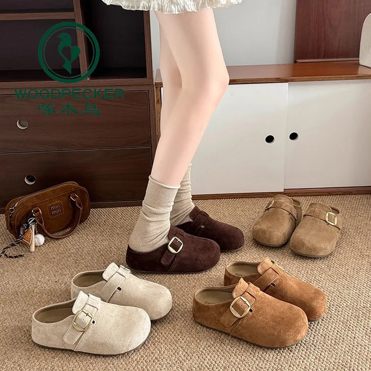 啄木鸟磨砂皮包头拖鞋女复古半拖厚底一脚蹬懒人外穿勃肯鞋