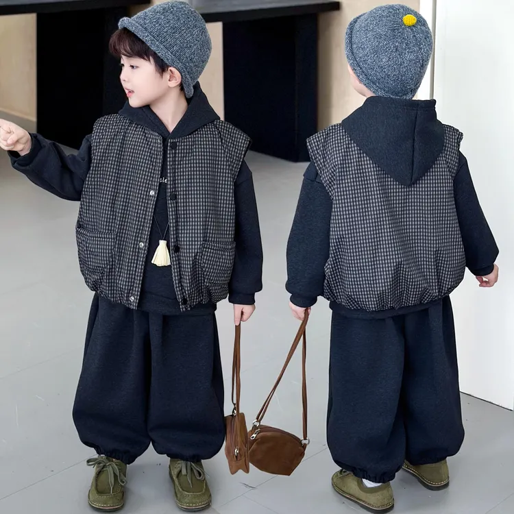 男童冬季套装大牌新款儿童加绒加厚冬装宝宝时髦韩版马甲三件套潮