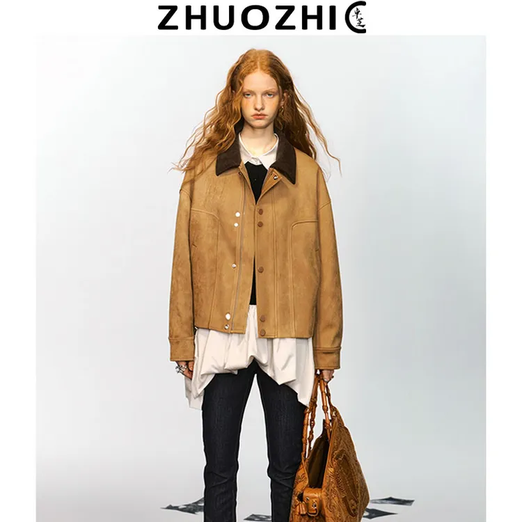 [特价]法式复古卡其色仿麂皮绒夹克2025秋冬新款宽松百搭短外套女