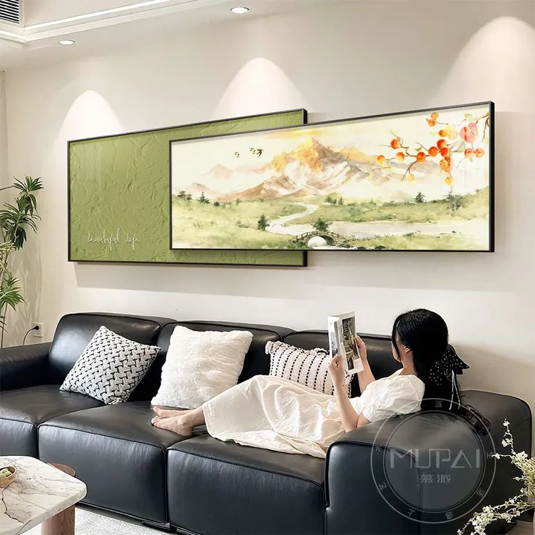 奶油风日照金山客厅装饰画山水沙发背景墙挂画高级适合大白墙壁画
