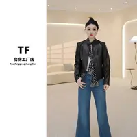 房房-2388 立领短款春季翻领绵衣皮黑色夹克短外套显瘦皮衣