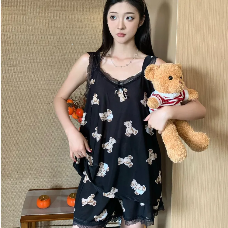春夏睡衣小熊女士吊带短裤大码印花休闲薄款宽松家居服套装 #311