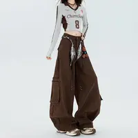 美式美拉德复古深咖色工装牛仔裤女2025宽松阔腿hiphop棕色弯刀裤