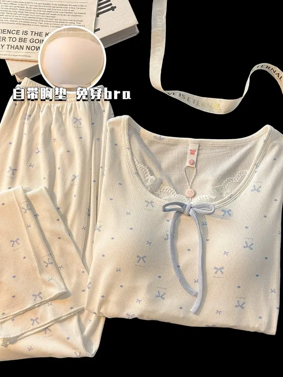 秋冬季新款长袖蝴蝶薄款睡衣家居服套装蕾丝V领女睡衣家居服套装