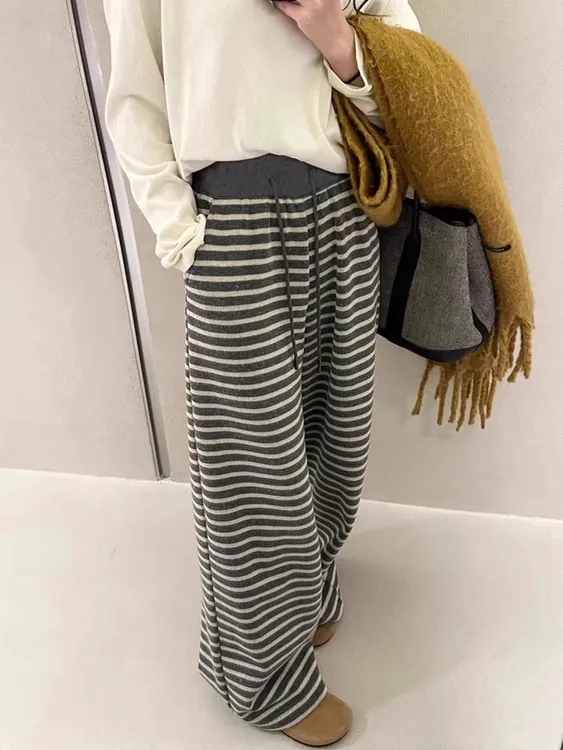 夏橙橙现货阔腿裤条纹直筒宽松通勤小众炸街高级感女士简约裤子