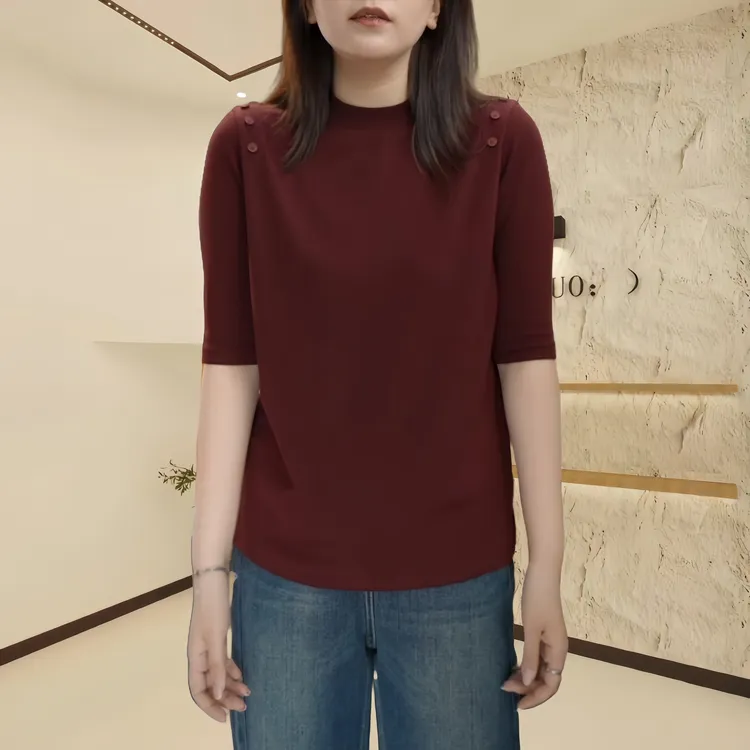 五分袖女士针织衫夏季新款圆领纯色纽扣设计小衫时尚百搭显瘦上衣