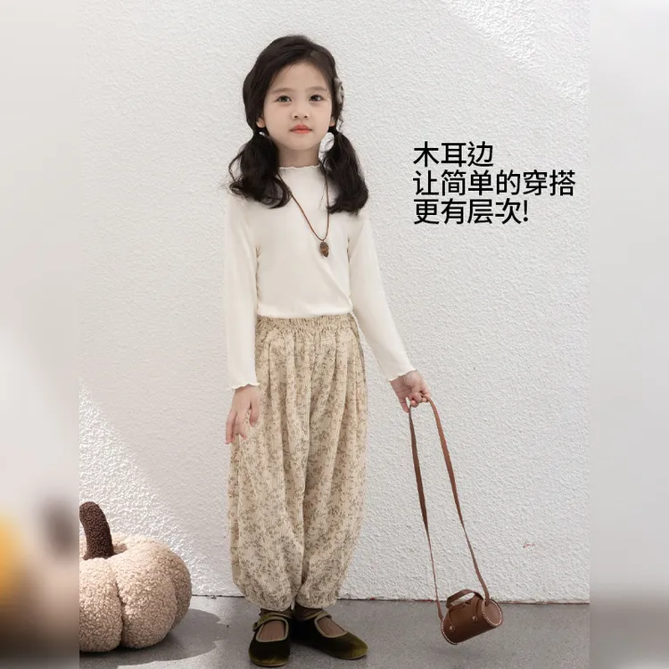 童装女童春秋2025新款儿童纯色打底上衣半高领木耳边宝宝长袖t恤