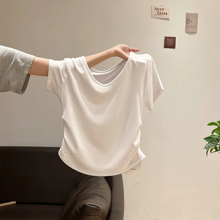 白色低领露锁骨纯色T恤女2025夏季V领短袖U型领褶皱收腰出行衣服