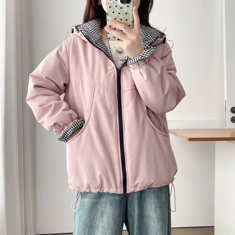 100-200斤大码女装胖mm秋冬款韩系休闲袖口格纹三防连帽棉服2579